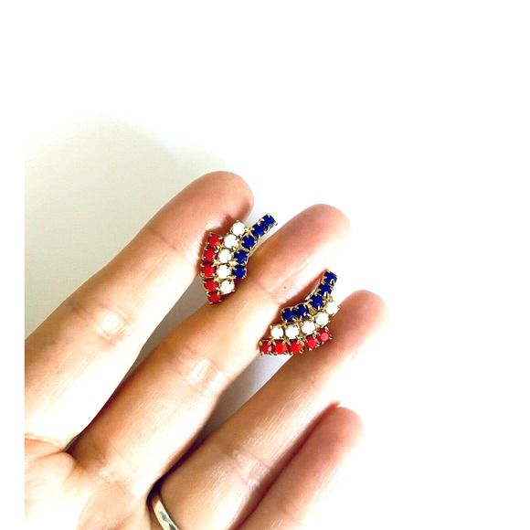 VTG Gold American Flag Rhinestone Earrings - Picture 3 of 5